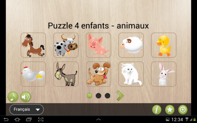 Application screenshot: 1 Puzzle 4 enfants - animaux